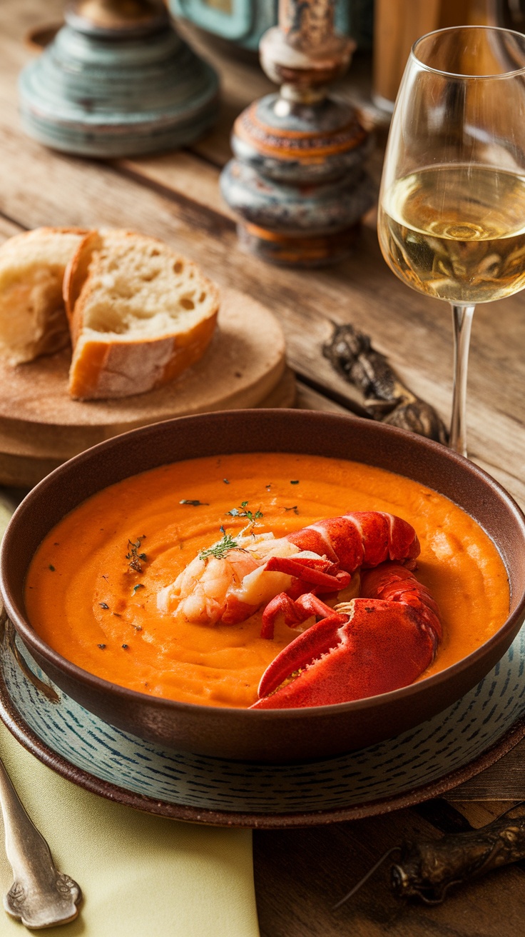 A rich bowl of creamy lobster bisque garnished with chives, served with bread and wine.